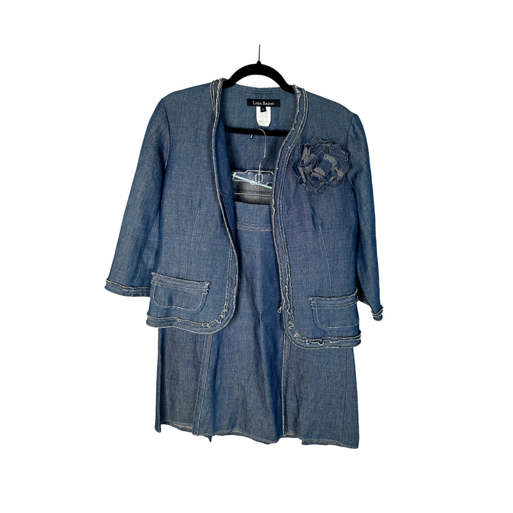 Neiman Marcus 10 Lida Baday Linen Denim 2 Piece Suit Set Jacket Skirt Flower Pin - Picture 3 of 15